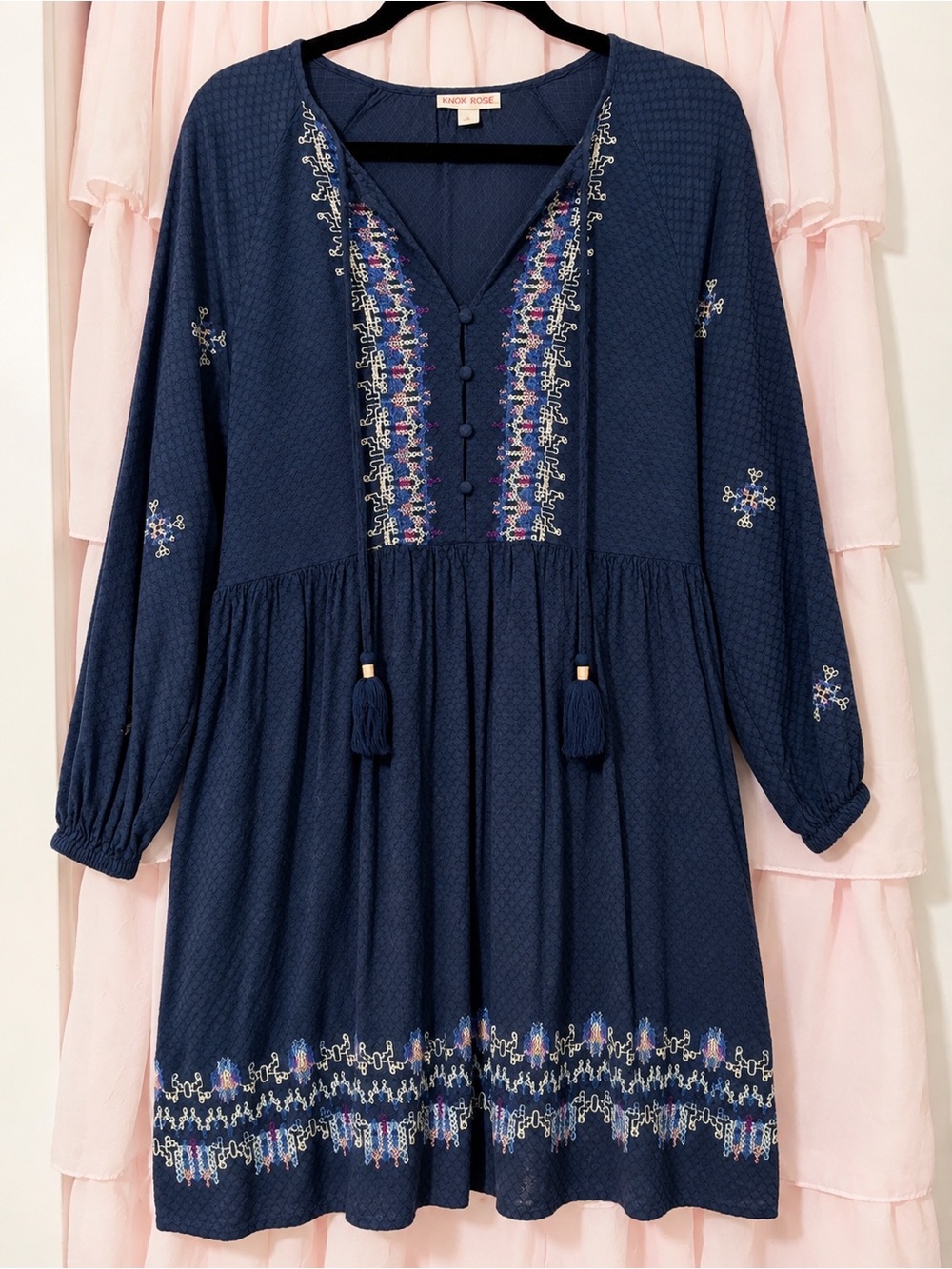 Knox Rose Navy Embroidered Tassel Long Sleeve Dress
